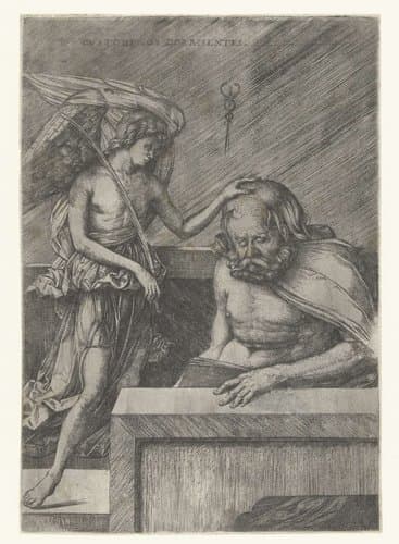 Engel legt zijn hand op hoofd van slapende man by Jacopo de'Barbari