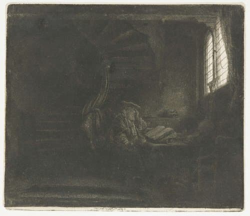 Hieronymus in een donker studeervertrek by Rembrandt van Rijn
