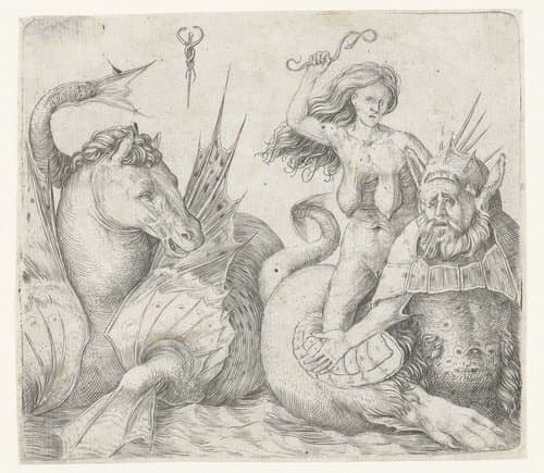 Oude vrouw op rug van triton naast hippocampus by Jacopo de'Barbari