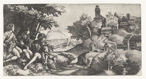 Musicerende herders in een landschap by Giulio Campagnola