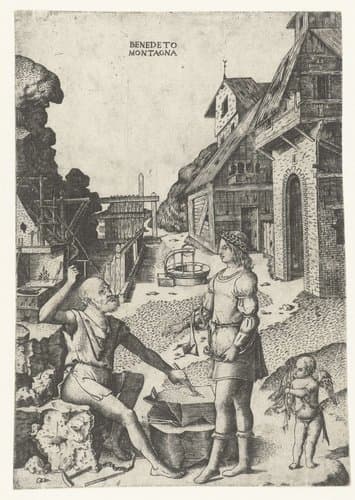 Apollo met Cupido bij Vulcanus by Benedetto Montagna