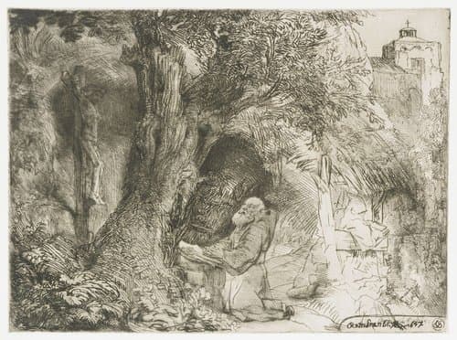 Franciscus, knielend in gebed onder een boom by Rembrandt van Rijn