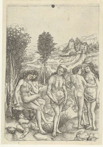 Oude vrouw en twee liefdesparen in landschap by Christoforo di Michele Robetta