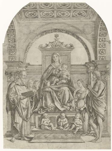 Maria met kind zittend op een troon tussen Petrus en Johannes de Doper met musicerende engelen en drie vrouwelijke heiligen op de achtergrond
