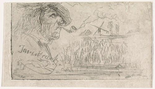 Studieblad met een pijprokende man en een landschap met molen by Johannes Tavenraat