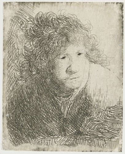 Zelfportret, voorover geleund by Rembrandt van Rijn