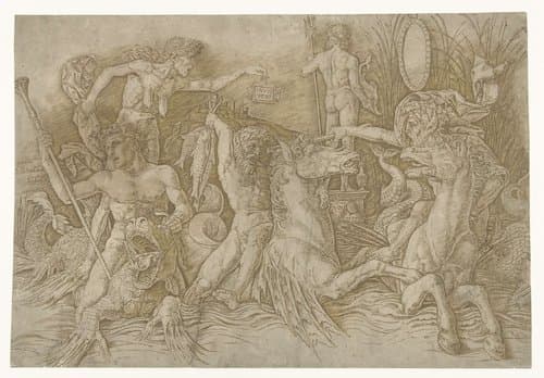 Gevecht tussen satyrs rijdend op hippocampussen en oude vrouw als personificatie van afgunst staand op rug van draak by Andrea Mantegna