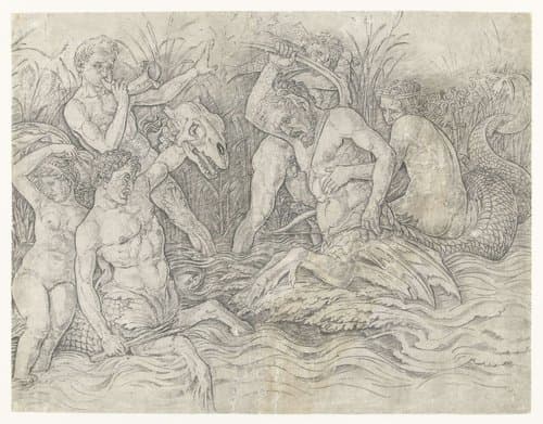Gevecht tussen tritons met nereïden op hun rug by Andrea Mantegna