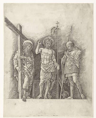Herrezen Christus staand tussen heiligen Andreas en Longinus by Andrea Mantegna