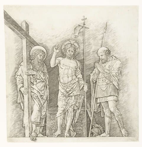 Herrezen Christus staand tussen heiligen Andreas en Longinus by Andrea Mantegna