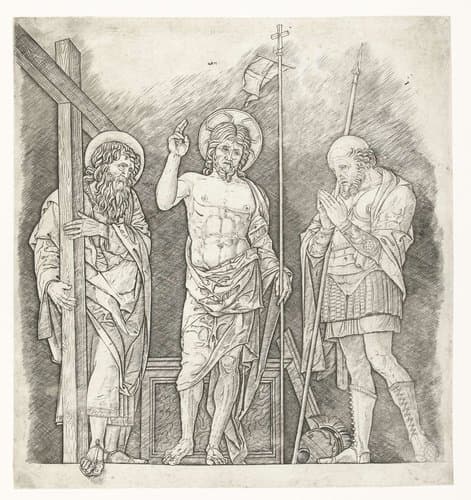 Herrezen Christus staand tussen heiligen Andreas en Longinus by Andrea Mantegna