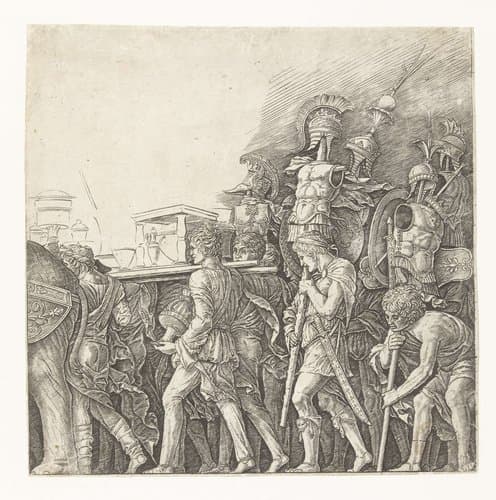 Soldaten met oorlogstrofeeën in triomftocht van Caesar by Andrea Mantegna