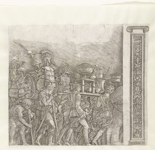 Soldaten met oorlogstrofeeën in triomftocht van Caesar en pilaster by Andrea Mantegna