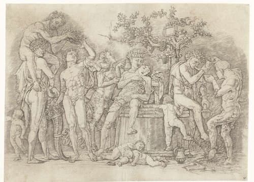 Bacchanaal met satyrs en bacchanten bij wijnpers by Andrea Mantegna