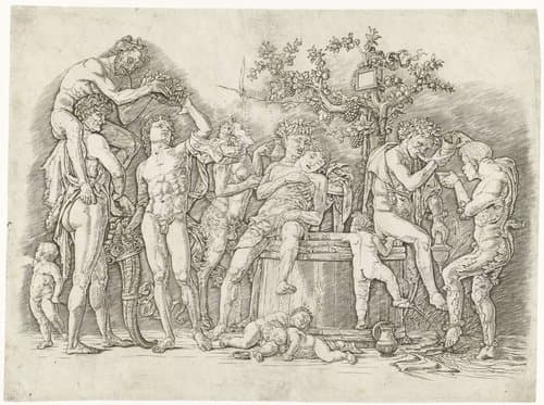 Bacchanaal met satyrs en bacchanten bij wijnpers by Andrea Mantegna
