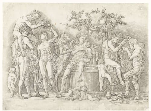 Bacchanaal met satyrs en bacchanten bij wijnpers by Andrea Mantegna