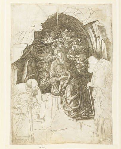 Maria met kind omgeven door engelen in grot met Jozef en koning in aanbidding by Andrea Mantegna