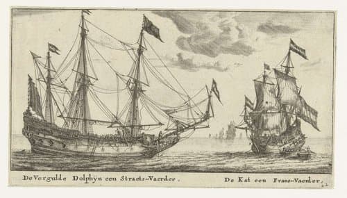 De schepen De Vergulde Dolfijn en De Kat by Reinier Nooms