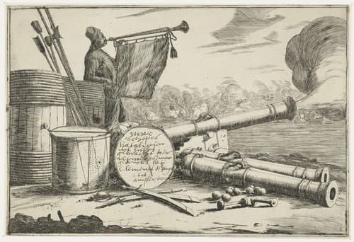 Titelblad met de uitrusting van een oorlogsschip en een trompetspeler by Reinier Nooms