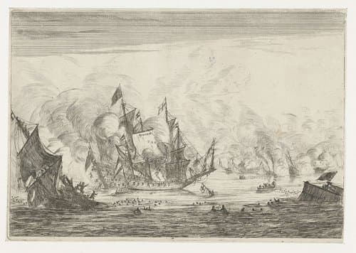 Zeeslag met een zinkend schip by Reinier Nooms