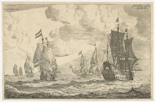 Zes zeilschepen op open zee by Reinier Nooms