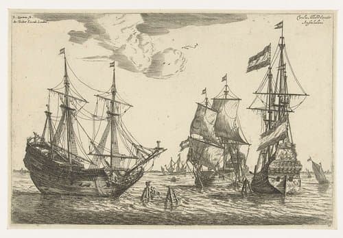 Drie aangemeerde zeilschepen by Reinier Nooms