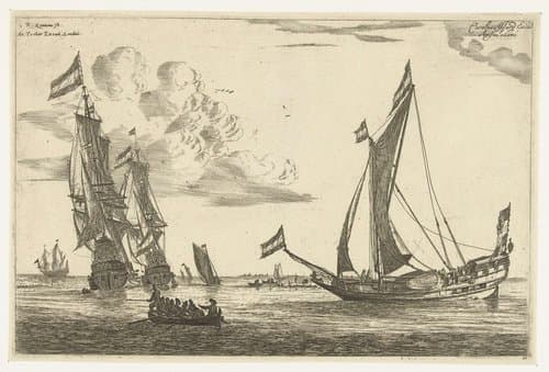 Twee oorlogsschepen en een jacht by Reinier Nooms