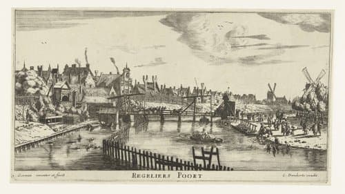 Gezicht op de Tweede Regulierspoort te Amsterdam by Reinier Nooms