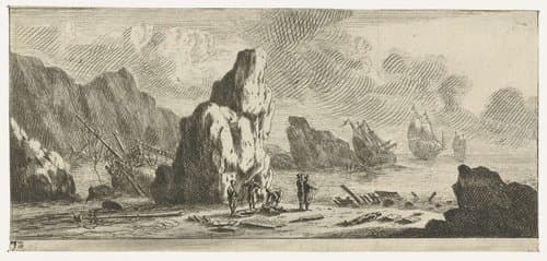 Zeegezicht met schipbreuk lijdende schepen by Reinier Nooms