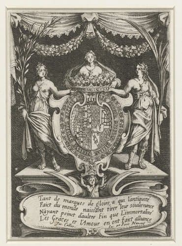 Frontispice voor 'Combat à la barrière', met wapenschild en de gratiën by Jacques Callot