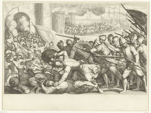 De troepen van Ferdinando I de' Medici bestormen een stadspoort by Jacques Callot