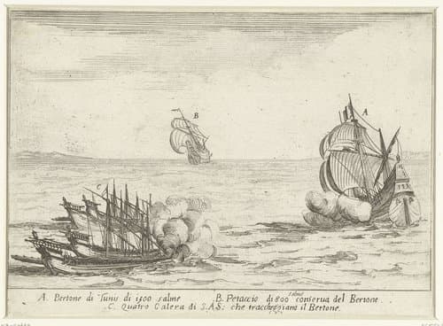 Galeien van Cosimo II de' Medici vallen het Turkse schip 'Bertone' aan by Jacques Callot