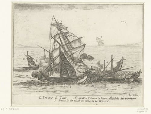 Galeien van Cosimo II de' Medici omsingelen een Turkse bertone by Jacques Callot