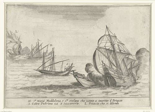 Galeien van Cosimo II de' Medici vallen een Turkse petache aan by Jacques Callot