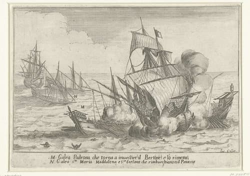 Afloop van de strijd tussen galeien van Cosimo II de' Medici en de Turkse schepen 'Bertone' en 'Petaccio' by Jacques Callot