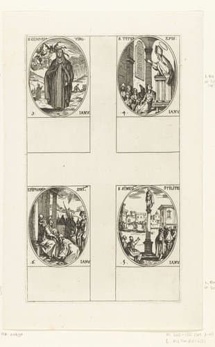 Heilige Genovefa, Heilige Titus, Heilige Simon de Styliet, Aanbidding door de wijzen (Driekoningen) (3-6 januari) by Jacques Callot