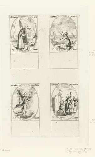 Heilige Patricius van Ierland, Heilige Gertrudis van Nijvel, Aartsengel Gabriël, Heilige Eduard de Martelaar (17-18 maart) by Jacques Callot