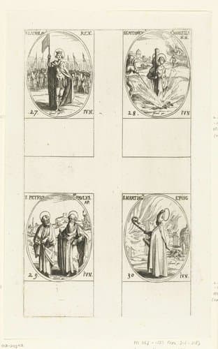 Heilige Ladislaus I van Hongarije, Heilige Potamioena de Oudere en Heilige Marcella, Heilige Petrus en Heilige Paulus, Heilige Martialis van Limoges (27-30 juni) by Jacques Callot