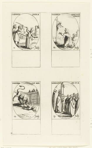 Heilige Abundius van Cordoba, Heilige Johannes Gualbertus, Heilige Marciana van Toledo/Caesarea, Heilige Anacletus (11-13 juli) by Jacques Callot