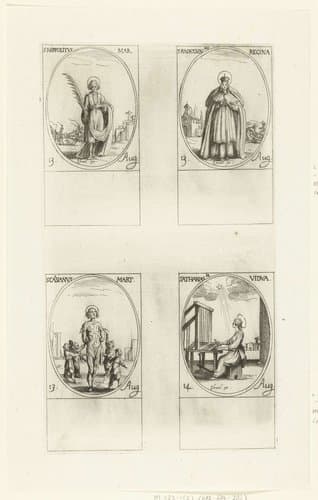 Heilige Hippolytus van Rome, Heilige Radegundis van Poitiers, Heilige Cassianus van Imola, Heilige Athanasia van Aegina (13-14 augustus) by Jacques Callot