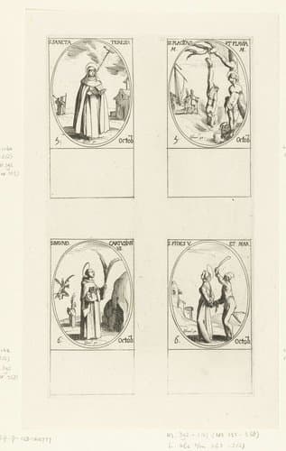 Heilige Theresia van Avila, Heilige Placidus en Heilige Flavia van Subiaco, Heilige Bruno de Kartuizer, Heilige Fides van Agen (5-6 oktober) by Jacques Callot