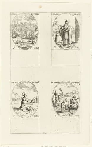 Slag bij Lepanto (Maria-Overwinning), Heilige Simeon Senex van Jeruzalem, Heilige Pelagia van Antiochië, Heilige Reparata van Caesarea en Heilige Benedicta van Laon (7-8 oktober) by Jacques Callot