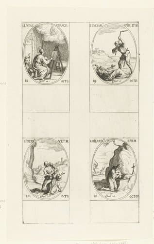 Heilige Lucas de Evangelist, Heilige Lucianus, Heilige Irene van Portugal, Heilige Hilarion de Grote (18-21 oktober) by Jacques Callot