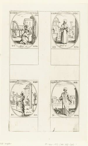 Heilige Simon de Zeloot en Heilige Judas Taddeüs, Heilige Narcissus van Gerona, Heilige Marcellus van Tanger, Heilige Quintinus van Saint-Quentin (28-31 oktober) by Jacques Callot