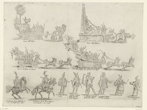 Carnaval te Florence: praalwagens en deelnemers aan de optocht by Jacques Callot