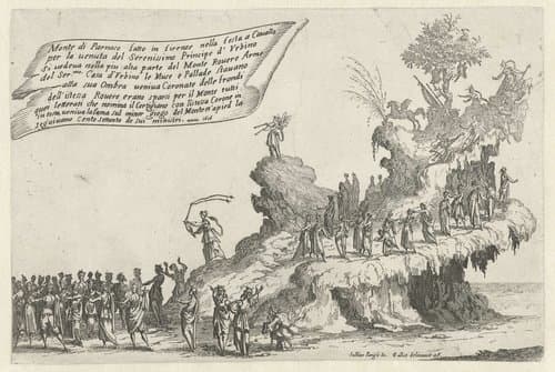 Feest te Florence: praalwagen met de berg Parnassus by Jacques Callot
