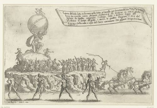 Feest te Florence: praalwagen van Atlas en de zon by Jacques Callot