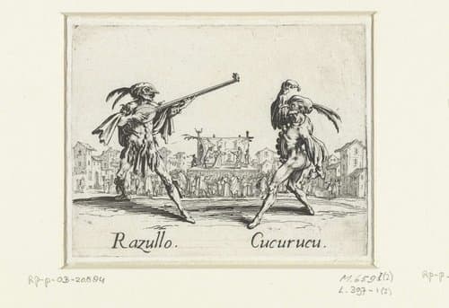 Twee straatartiesten als Razullo en Cucurucu by Jacques Callot