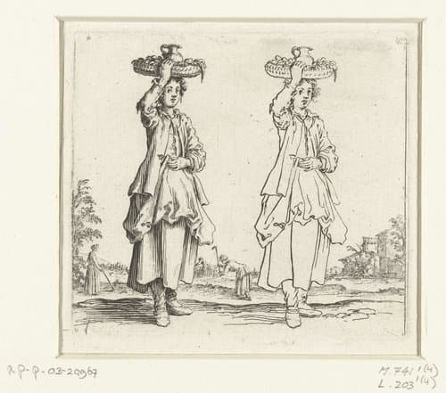 Tweemaal dezelfde boerin met rieten mand, van voren gezien by Jacques Callot