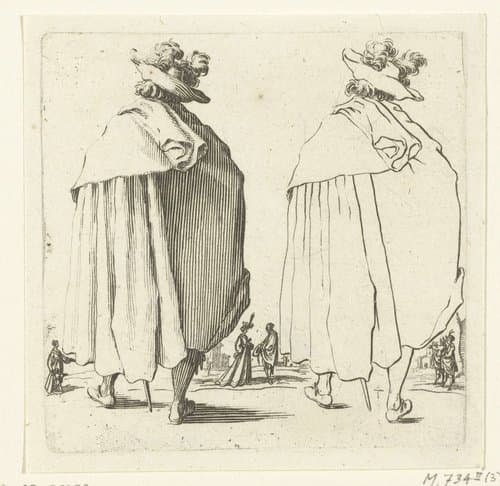 Tweemaal dezelfde soldaat met grote gepluimde hoed en mantel by Jacques Callot